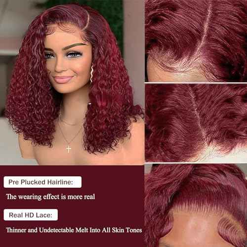 10 Inch 99J Burgundy Deep Wave Curly Bob Wig for Black Women 180% Density Human Hair 13x4 HD Lace Front Wigs