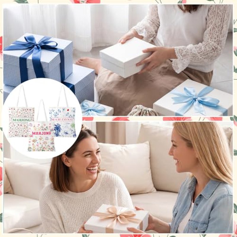 3 Pcs Mahjong Canvas Tote Bags for Women - Floral Designs
