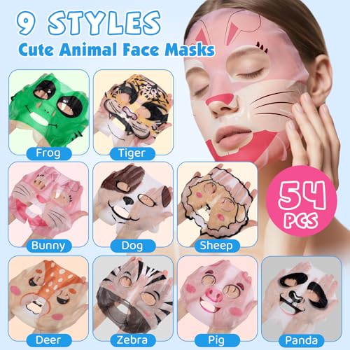 54 Pack Animal Kids Face Mask Spa, Bulk Collagen Hydrating Sheet Face Masks Skincare for Girls Teens, Easter Basket Stuffers, Birthday Gifts, Mothers Day Gifts for Mom