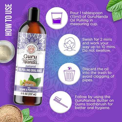 GuruNanda Sesame Mint Oil Pulling Mouthwash for Gentle & Natural Oral Care, Pure Sesame & Mint Extracts, Supports Happy Gums & Oral Hygiene, Alcohol-Free, 8 Oz