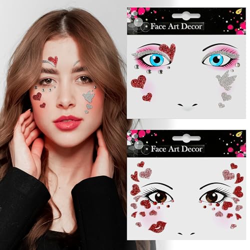 Red Glitter Heart Face Stickers with Rhinestones - 2 Pack