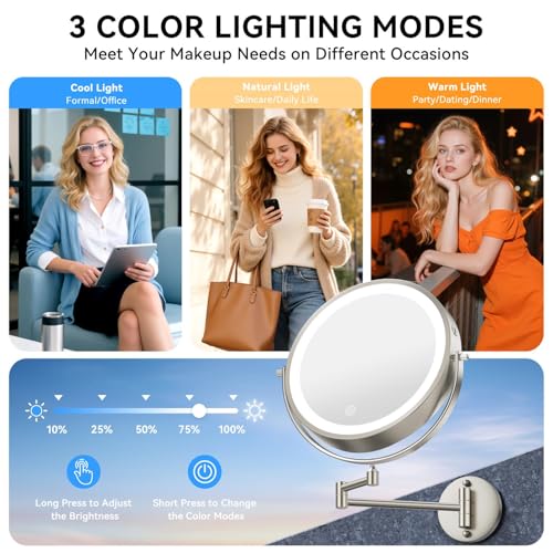 9'' 30X/1X Wall Mounted Lighted Makeup Mirror, 5000mAh Rechargeable Double-Sided Magnifying Mirror with Light, Vanity Mirror Touch Dimmable 3 Colors 360¡Æ Rotation Extended Foldable Arm, Power Adapter