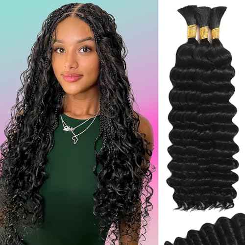 Human Braiding Hair for Boho Braids Human Hair 110g 24 Inch Curly Boho Hair for Braiding Knotless 12A Deep Wave Bohemian 3 Bundles/Pack Natural Color