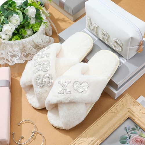 Xtinmee Personalized Initial Wedding Bride Slippers MRS Pearl Letter Makeup Bag Bridal Shower Gifts for Wedding Day (X)