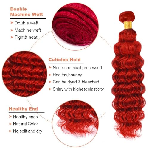 GRed-Wine Red Deep Wave Human Hair Bundles 3 Pack 12-16 Inch - Burgundy, 150g/Bundle, 8A Grade Virgin Peruvian Hair