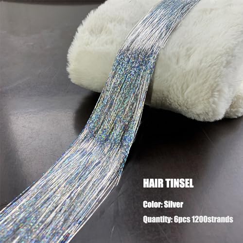 YOOONXI Silver Hair Tinsel Kit - 1200 Strands Heat Resistant Extensions