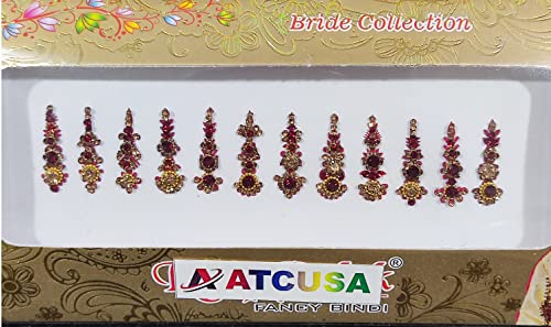 Multicolored Crystal Bindi Bridal face Jewels Forehead Tika Indian Bindis for women bindi Indian multicolor round long small gold (Long 12 Bindi - Dark Red (maroon))