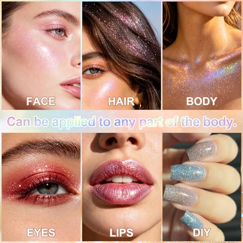 Meilury 2PCS Champagne Roll-On Body Glitter Gel - Holographic Chameleon Sequins for Face, Hair & Body