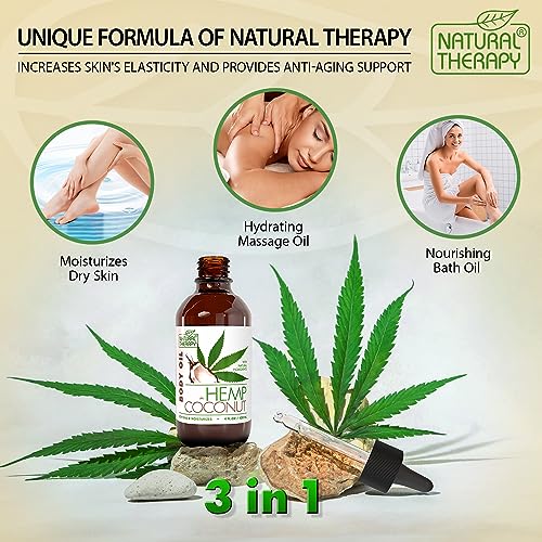 Natural Therapy Body Oil with Hemp & Coconut - Dry Skin Moisturizer and Hydrating Massage Oil - Increase Skin Elasticity and Provide Anti-Aging Support for Face and Body (4 fl.oz)