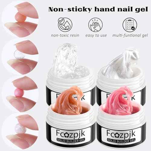 Solid Builder Gel for Nails, 4 Colors Solid Builder Gel Non-Sticky Clear Nude Pink Pearl White Hard Gel for Nails 3D Sculpture Gel Flower Carving Modeling Design Nail Extension Gel Kit
