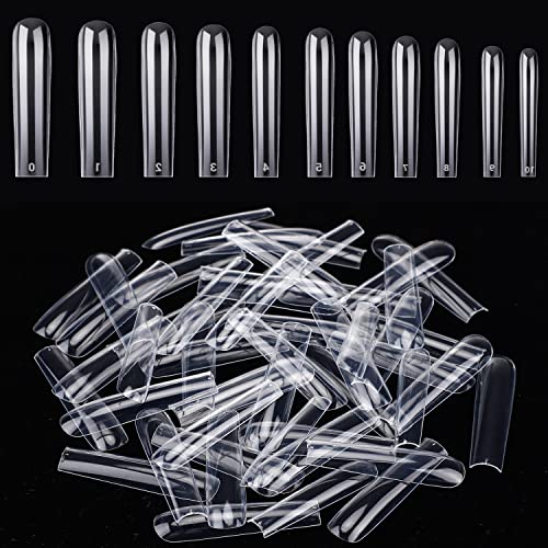 Noverlife 600PCS 3XL Extra Long C Curve Coffin False Nail Tips, Clear 10 Sizes, XXXL Super Long Ballerina Half Cover Fake Nails, Coffin Shape Artifical Fingernails for DIY Salon Nail Art Practice