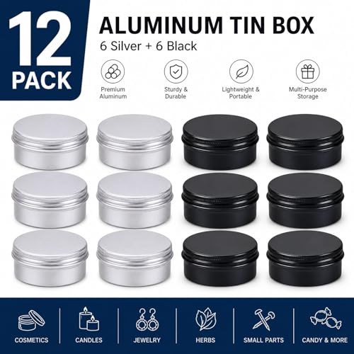 12 Pack 2 oz Aluminum Tins with Lids for Lip Balm & Crafts