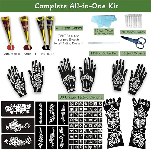 80 Pcs Temporary Tattoo Kit with Stencils & Cones