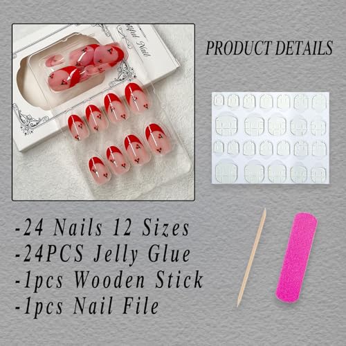 ROFIBUT Red French Tip Press-On Nails - Short Almond Full Cover