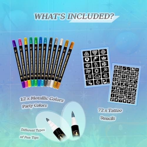 Temporary Tattoo Markers Skin Kit, 12 Pens + 72 Stencils