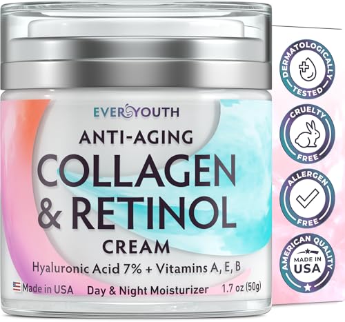 Collagen Retinol Face Moisturizer with Hyaluronic Acid, Moisturizer Face Cream, Made in USA, Day & Night Cream for Women, Anti Wrinkle Cream for Face, Daily Facial Moisturizer, 1.7oz