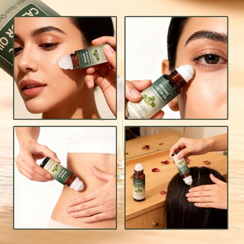 Organic Castor Oil Roll-on with Rose Quartz - 1.7oz, Cold-Pressed for Skin, Brows & Lashes (Variation 1)