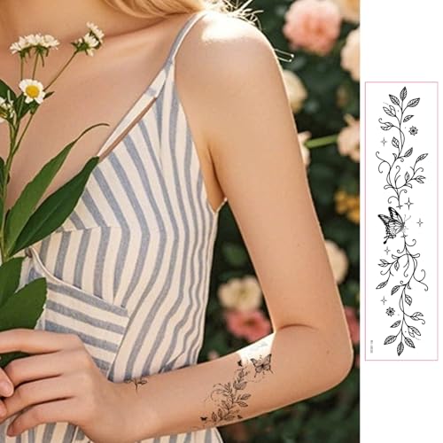 Floral Temporary Tattoos Long Black Butterfly Wild Flower Waterproof Fake Tattoos 10 Sheets Body Art Stickers for Women(Black flowers-10A)