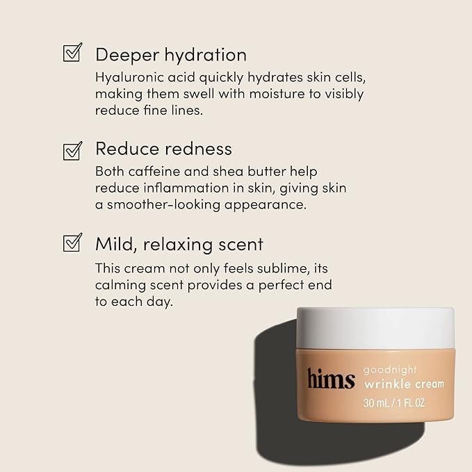 hims goodnight wrinkle cream for men - fine lines, puffiness, dark eye circles - caffeine, hyaluronic acid, night cream, almond scent - vegan, cruelty-free, no parabens - 2 Pack