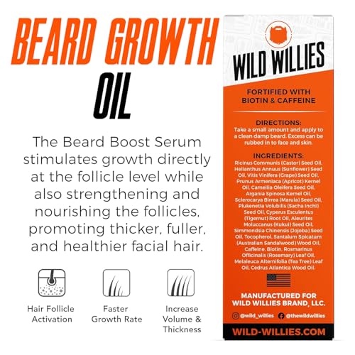 Wild Willies Beard Growth Serum for Men - Natural Beard Serum with Biotin, Caffeine & Essential Beard Oil for Fuller, Thicker Facial Hair Enhancer - Daily Grooming, Nourishes & Hydrates Facial Hair