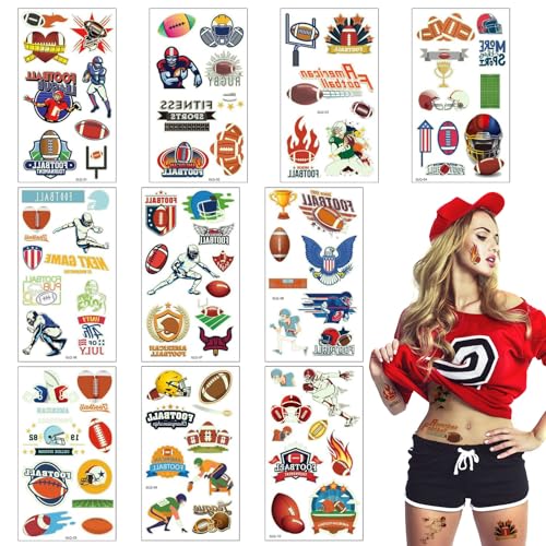 10 Sheets American Football Temporary Tattoos Sports Topic Luminous Fluorescent Temporary Tattoo Sticker Super Bowl Fake Tattoo for Men Women Boys Girls Ball Gmae Party Favor Makeup Costume Supplies