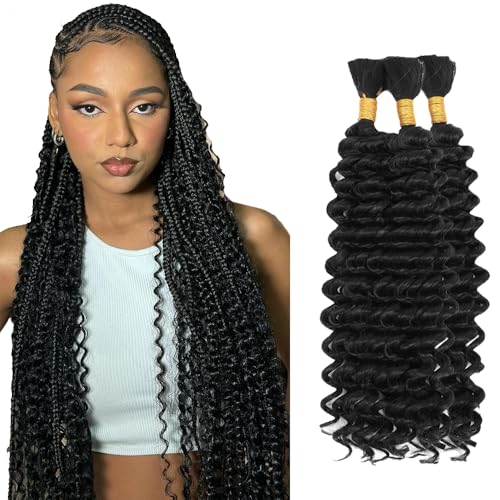 BA #1B Human Deep Wave Braiding Hair Bulk 26 Inch Natural Black 3 Bundles