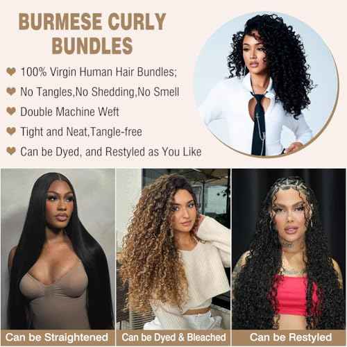3C4A Burmese Curly Bundles Human Hair 16 18 20 22 Inch 12A Unprocessed Virgin Human Hair Water Wave Bundles with Spiral End Quick Weave Remy Hair Natural Color for Women