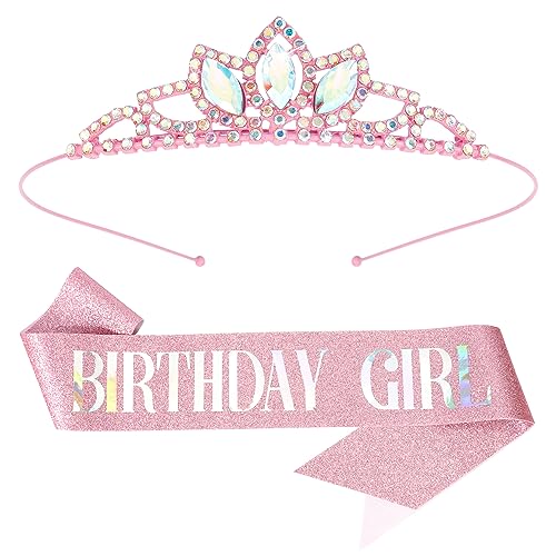 Pink Birthday Tiara Crown with Rhinestone & Sash Set