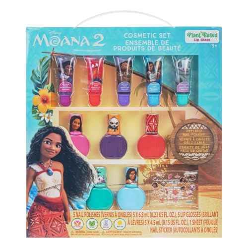 Moana 2 Cosmetic Makeup Set for Girls with Lip Gloss Nail Polish Nail Stickers 11 Pcs | Perfect for Parties Sleepovers Makeovers | Birthday Gift for Girls by Townley Girl
