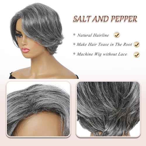 HUA Grey Human Hair Pixie Cut Wigs for Black Women - Mixed 8 Inch Short Salt and Pepper Straight Layered Grey Wigs with Natural Wave