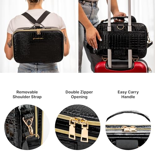 Carrywell Makeup Bag Travel Case, Not-Made In China, Hard Train Case for Cosmetics, Portable Beauty Artists Organizer, Storage Box With Adjustable Dividers For Make Up and Brushes, Medium Crocodile