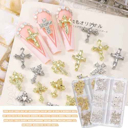 3D Cross Nail Charms for Nail Art, 60 Pcs Metal Crystal Cross Nail Decorations, Alloy Nail Studs and Rhinestones for Women Girl DIY Jewelry Crafts Supplies (Gold)