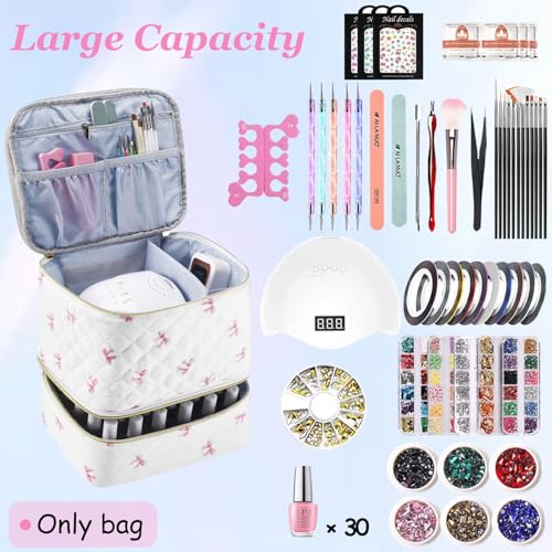 Pink Bow PU Leather Nail Polish Organizer with Nail Lamp Case, Holds 30+ Bottles
