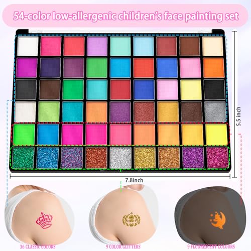 Face Painting Kit for Kids,54 Colors Face Paint Makeup Kit,Non-Toxic Water Activated Facepaint Pallette with Brushes,Stencils,Sponge,Gems,For Halloween,Christmas Carnival, Party,cosplay ctc.