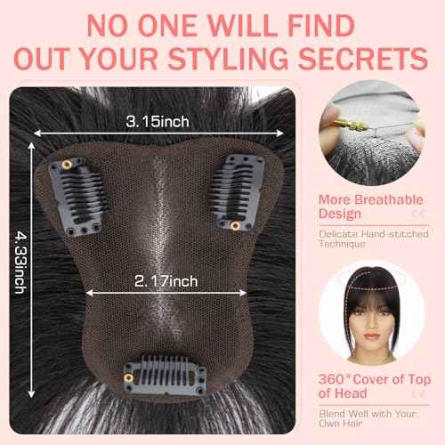 Hairro 100% Human Hair Toppers with Bangs, 360¡Æ Cover 3D Clips on Thin Hairpieces for Women, 3.15"x4.33" Silk Base Lightweight for Covering Greyish Hair on Top, 11 Inch Natural Black