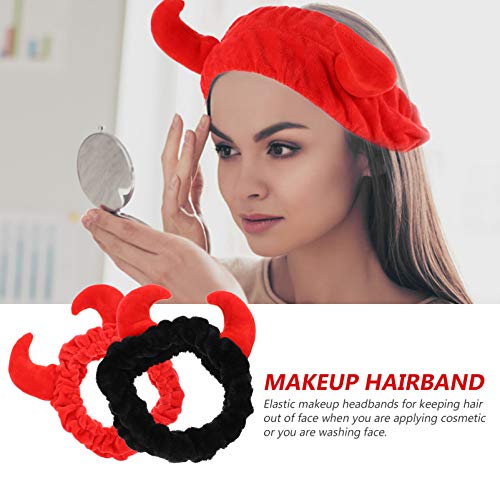 SHERCHPRY Headband Devil Horns Wash Face Spa Headband, 2pcs Women Facial Spa Headband, Makeup Cosmetic Headbands, Elastic Makeup Hairbands for Shower Face Washing (Black/Red) Cat Stuff
