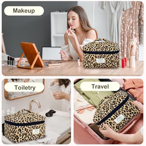 3Pcs Makeup Bag Cotton Quilted Travel Cosmetic Bag Cute Floral Makeup Pouch Large Toiletry Bag for Women Girls