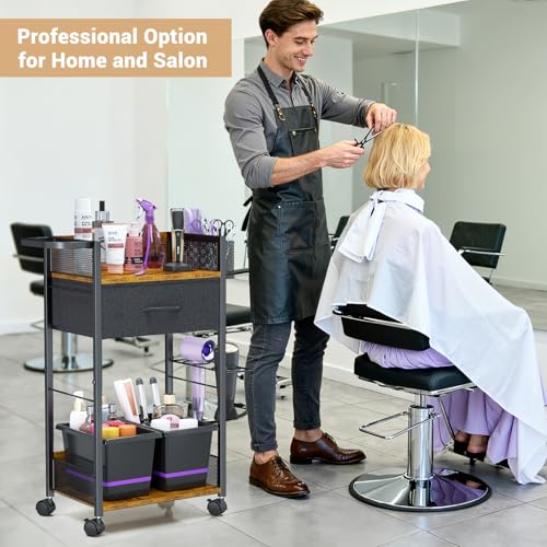Salon Trolley Cart with Wheels, Mobile Hair Stylist Station with Metal Tool Holder & Basket, Rolling Barber Table with Fabric Drawer, Storage for Salon, Barbershop, Spa & Tattoo, Black