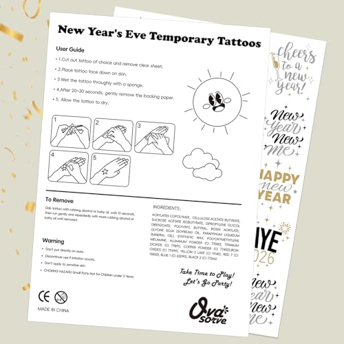 NYE Temporary Tattoos 2026 - 40 Gold & Silver Foil Designs