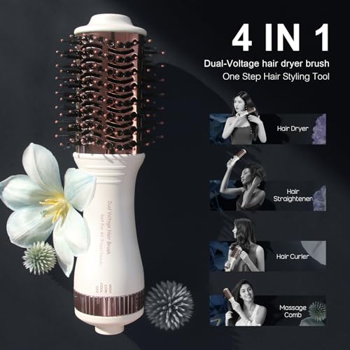 Dual Voltage 4-in-1 Hair Dryer Brush - Travel Mini Straightener & Curler
