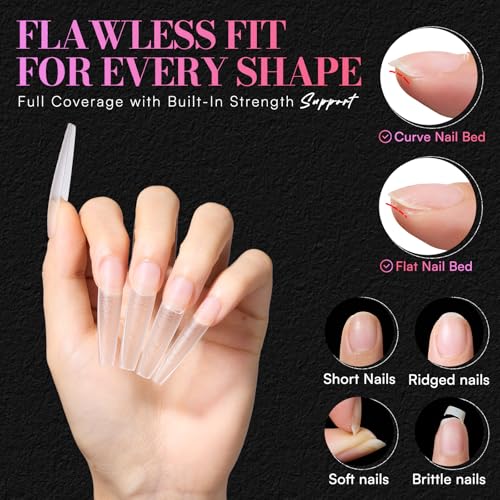 Makartt Extra Long Coffin Nail Tips with Built-In Guides - 240PCS, Dual Matte Finish, 15 Sizes, Easy Reshape for Almond, Square, Oval, Stiletto Styles, DIY & Salon