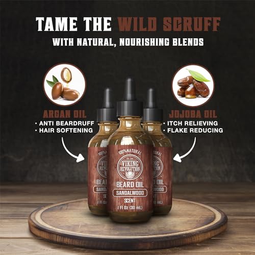 Viking Revolution Sandalwood Beard Oil for Men - Natural Mens Beard Oil with Argan Oil and Jojoba Oil - Beard Softener, Strengthens and Moisturizes - Beard Conditioner for Men (Sandalwood, 3 Pack)