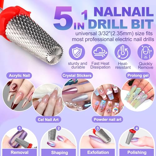 3/32" Tungsten Carbide Nail Drill Bit - 5-in-1 for Acrylic & Gel