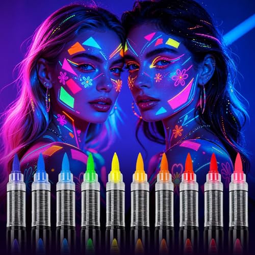 10-Color UV Reactive Body Paint Markers with Glow Effect