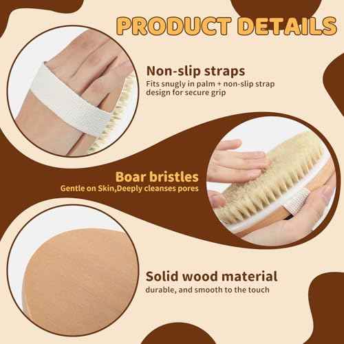 4 Pack Dry Body Brushing Brushes, Natural Bristle Exfoliating Scrub Brushes with Massage Nodes for Lymphatic Drainage, Skin Firming, Acne Treatment, and Cellulite Reduction