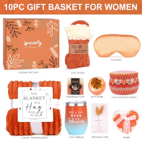 Mother's Day Gifts Baskets for Women Mom Her Wife Girlfriend,Birthday Gifts for Women Teacher Friend w/Cozy Blanket Rose Relaxing Spa Gifts Set,Self Care Get Well Gifts for Her Valentines Mothers Day