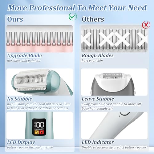 Electric Razors for Women, Bikini Trimmer Wet & Dry Use, Painless Pubic Hair Trimmer, Rechargeable Electric Shaver for Legs, Face, Pubic Hair, Underarms with Detachable Head, Blue