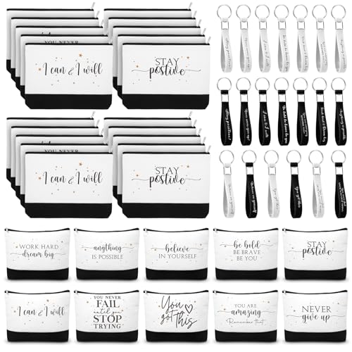 Sanwuta 80 Pcs Motivational Employee Appreciation Gifts with Postive Canvas Makeup Bags and Silicone Keychains Graduation Gift for Women Nurses Teacher Students Coworker Office Group