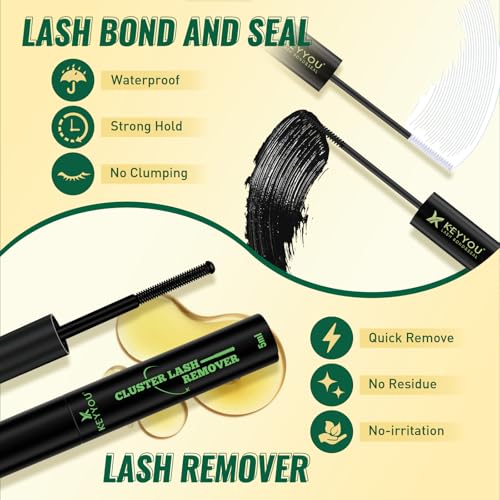 KEYYOULASH Lash Clusters Kit Volume 144pcs 8-18MIX Lash Extension Kit Thick Lash Clusters D curl with Bond and Seal,Remover,Applicators for DIY Thin Band Eyelash Clusters at Home (KY04 Kit)