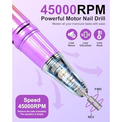 Professional Electric Nail Drill Kits 45000RPM Gradient Purple Portable Cordless 3-in-1 Nail File Machine with Rechargeable Stand and Nail Lamp for Acrylic Gel Polish Removing Home & Salon Use